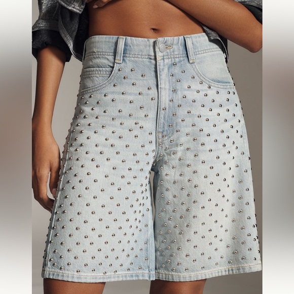 Anthropologie The Adi Studded Mid-Rise Relaxed Bermuda Shorts by Pilcro - Picture 2 of 5